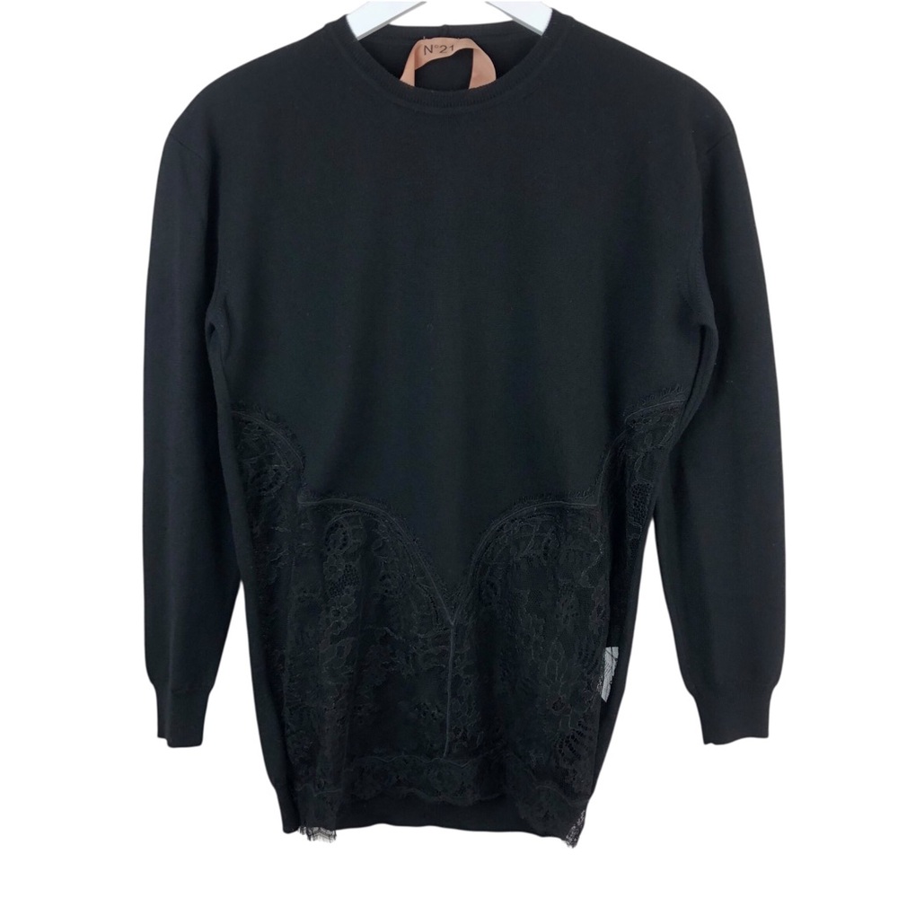 No. 21 Virgin Wool Black Lace Detail Sweater Italy Crew Neck XS P14EN2M0A0147019